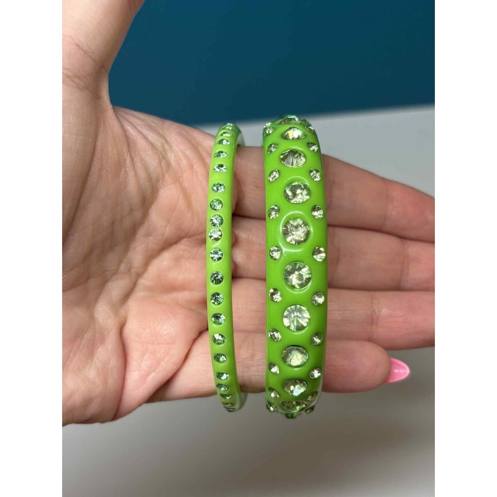 Lime Green Resin Bangle Bracelet Set Rhinestone Embellished 2 Piece Retro Y2K